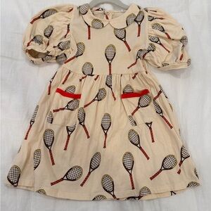 Mini Rodini Cream Dress with Tennis Racket Print (Size 4-5)